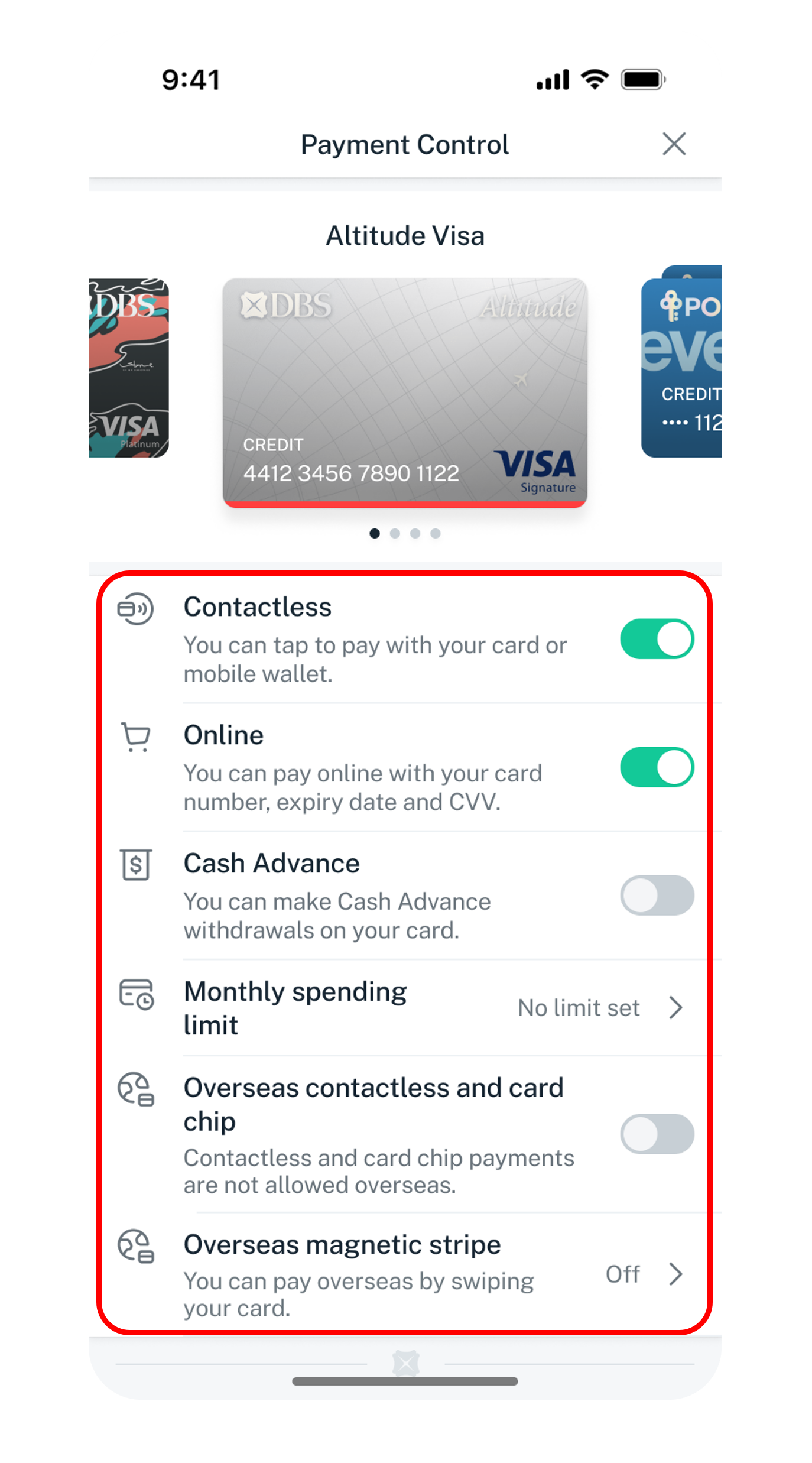 Select the card and toggle functions
